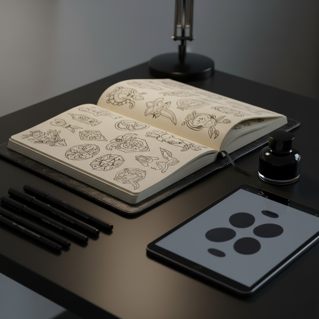 A close-up, photographic shot of a dark, textured sketchbook lying open on a smooth black desk, filled with precise, hand-inked tattoo concept drawings rendered as clean black lines and subtle shading on warm off-white paper. Around the sketchbook are neatly arranged fine-line pens, a single black ink bottle with a reflective glass surface, and a small tablet showing a minimal interface with abstract shapes, suggesting the design process without readable text. Soft, directional desk lamp lighting casts focused highlights across the inked lines and creates delicate shadows along the page edges. Captured from a low, oblique angle with shallow depth of field, the mood is contemplative and artistic, emphasizing individuality, studio philosophy, and the idea of tattoo as a personal form of expression.