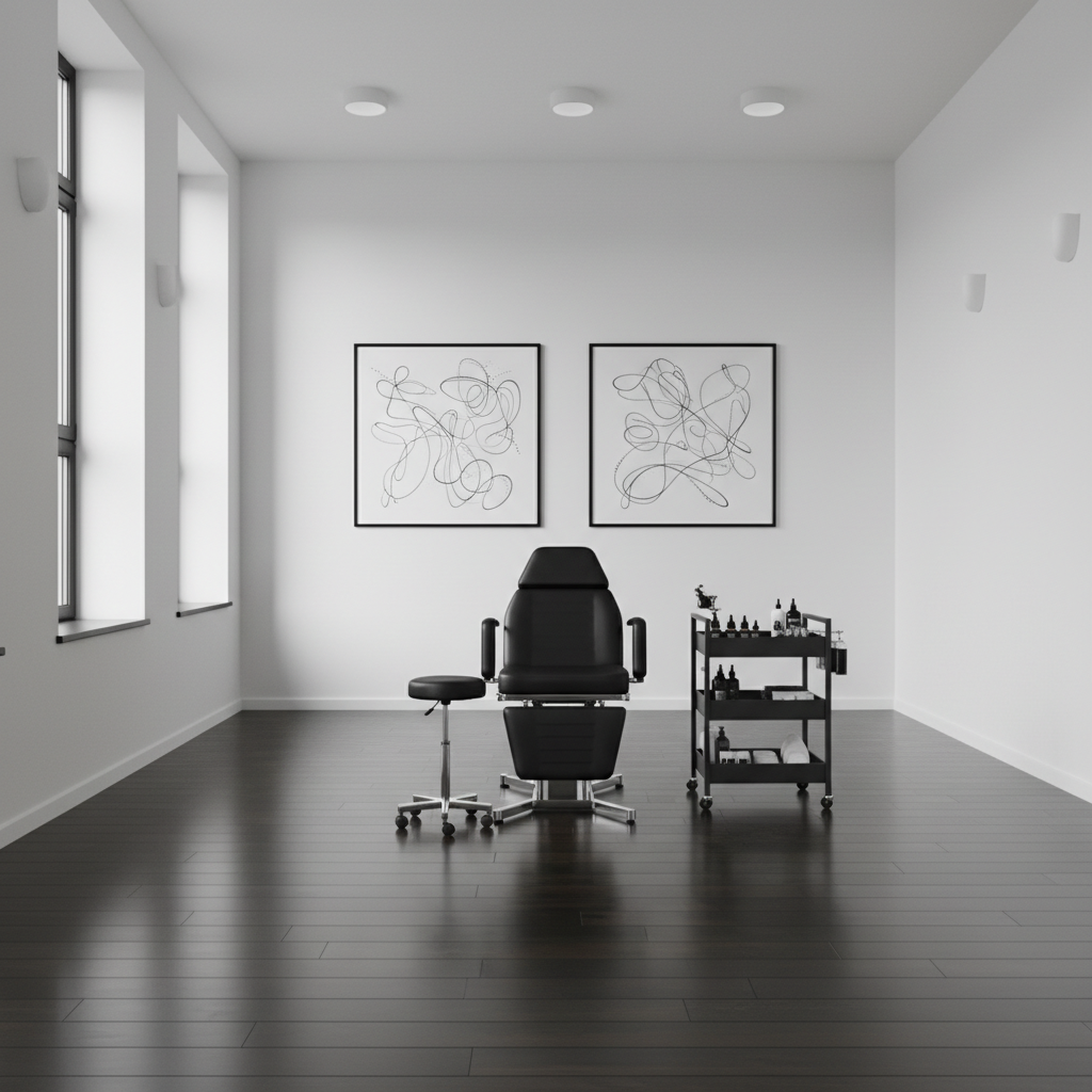 A wide, cinematic view of a minimalist tattoo studio interior in Tarnów, with dark wooden floors, clean white walls, and a single, elegant black tattoo chair centered in the frame. A sleek black metal trolley with carefully arranged equipment stands nearby, while framed, abstract black-ink artworks hang symmetrically in the background, subtly suggesting a portfolio of fine-line and illustrative tattoos without depicting skin. Soft studio lighting and indirect daylight from tall side windows create a balanced, calm illumination with gentle, elongated shadows. Shot with a slightly elevated angle and sharp focus throughout, the composition feels spacious yet intimate, emphasizing order, aesthetics, and individual attention, in a photographic, modern, and sophisticated style.