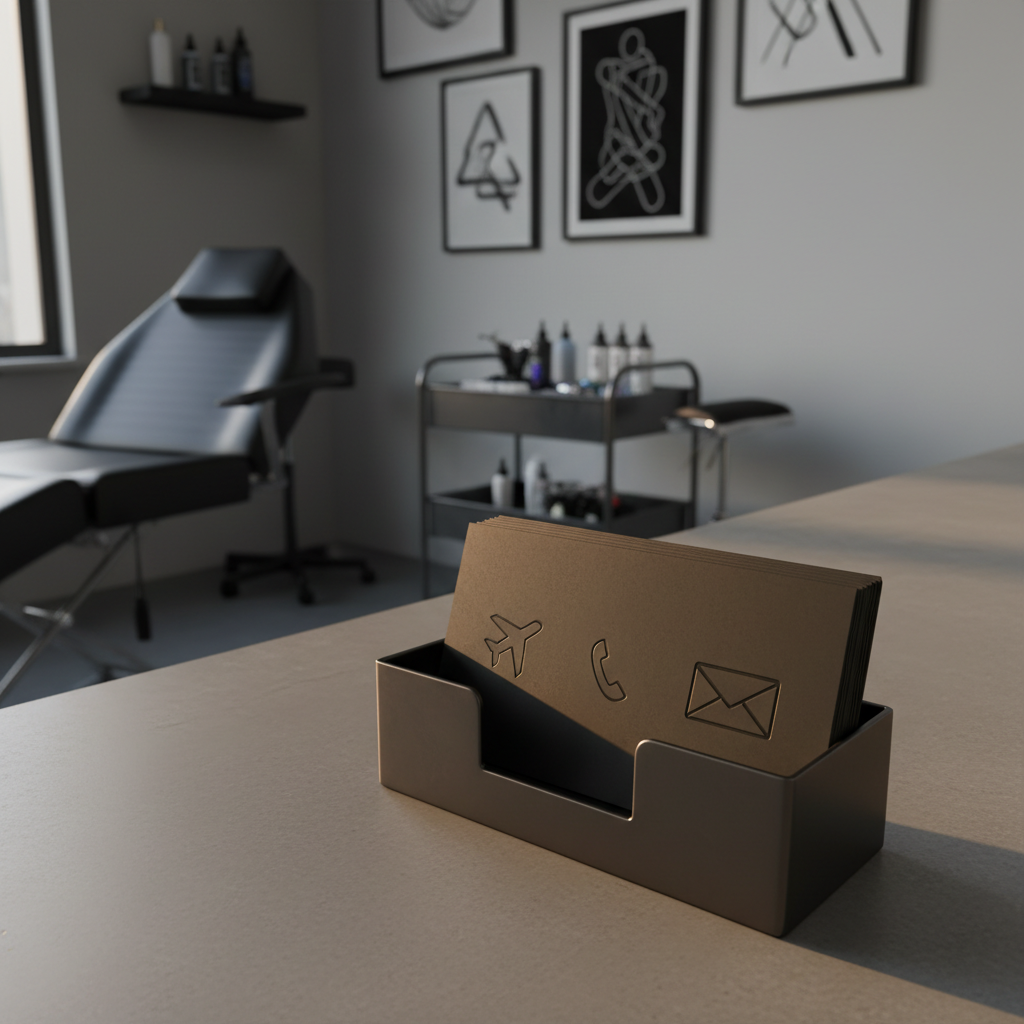 A refined, photographic composition of a dark, matte metal card holder on a smooth concrete counter, displaying a stack of minimalist black cards with subtle embossed symbols instead of readable text, symbolizing booking and contact information. Behind it, a softly blurred background reveals part of the tattoo studio: a hint of a black tattoo chair, a trolley with organized tools, and a wall with framed, abstract line art. Golden-hour light from an unseen window grazes the counter surface, creating warm highlights on the metal edges and deep, soft shadows. Shot from a close, slightly elevated angle following the rule of thirds, the atmosphere feels discreet, elegant, and inviting, communicating professionalism and accessibility without overt branding.