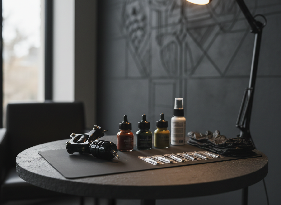 A meticulously organized tattoo workstation in a refined studio, featuring a gleaming black tattoo machine resting on a dark, matte tray alongside arranged sterile needles, ink caps filled with deep black and muted earthy tones, and neatly folded black nitrile gloves. The station stands against a textured charcoal wall with subtle abstract art shapes that hint at tattoo designs without showing them. Soft, diffused daylight from a high window mixes with focused, warm overhead lighting, creating delicate reflections on metal surfaces and gentle shadows. Photographic realism at eye level, with shallow depth of field that keeps the tools in razor-sharp focus while the background melts into a sophisticated, blurred ambiance, conveying precision, professionalism, and an intimate, thoughtful atmosphere.
